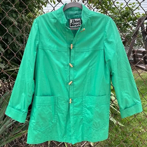 Vtg 70s Fleet Street Jacket 12/14 Kelly Green Rain Shine Trench Coat Mod Toggle